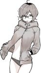  1girl abarai575 ahoge breasts dagashi_kashi glasses hands_in_pockets jacket looking_at_viewer medium_breasts messy_hair monochrome mouth_hold multicolored_hair owari_hajime panties sepia short_hair solo swimsuit underwear 