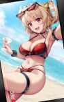  1girl :d armlet bare_shoulders beach bikini black-framed_eyewear blonde_hair blue_sky breasts burnice_white cleavage cloud cocktail_glass collarbone commentary cup day drinking_glass english_commentary eyewear_on_head from_side highres holding holding_cup jewelry large_breasts looking_at_viewer navel open_mouth outdoors outstretched_arm paid_reward_available recording red-tinted_eyewear red_bikini red_eyes rimuu sky smile solo spiked_armlet stomach swimsuit teeth thigh_strap tinted_eyewear twintails upper_teeth_only water zenless_zone_zero 