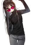  artist_name bangs black_hair black_sweater brown_eyes denim eyebrows_visible_through_hair heart heart-shaped_eyewear jeans long_hair looking_over_eyewear original pants pink-tinted_eyewear signature simple_background solo standing sukja sunglasses sweater thigh_gap tinted_eyewear turtleneck turtleneck_sweater white_background 