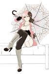  1girl bed breasts brown_hair coat_tails gloves heterochromia high_heels hips jewelry looking_at_viewer neo_(rwby) open_jacket pink_hair pussy rwby simple_background sinccubi sitting smile stockings two-tone_hair umbrella undressing 