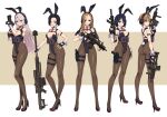  5girls absurdres ahoge animal_ears anti-materiel_rifle arm_at_side ass assault_rifle black_hair blue_hair breasts brown_hair chest_rig contrapposto covered_navel covered_nipples detached_collar dual_wielding fake_animal_ears fake_tail finger_on_trigger fingerless_gloves full_body gloves grenade_launcher gun hair_over_one_eye hand_on_own_hip handgun harness headset high_heels highleg highleg_leotard highres holding holding_gun holding_weapon holster leotard long_hair looking_at_viewer magazine_(weapon) medium_breasts mole mole_under_eye multiple_girls necktie original pantyhose pink_hair playboy_bunny purple_eyes rabbit_ears rabbit_tail red_necktie rifle scope short_hair shotgun shotgun_shell sniper_rifle standing strapless strapless_leotard submachine_gun tactical_playboy_bunny tail tanke_laide thigh_holster two-tone_background very_short_hair weapon weapon_request wrist_cuffs 