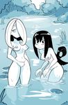  amphibian animal_humanoid asui_tsuyu black_hair blush breasts convenient_censorship cute duo female frog_humanoid frown grass hair hair_over_eye herny human humanoid lily_pad little_witch_academia long_hair mammal my_hero_academia nipples nude plant sucy_manbavaran swamp tree water wet 