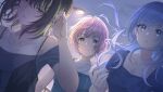  3girls bare_shoulders black_hair blonde_hair blue_hair breasts brown_hair cleavage closed_mouth collarbone cometik_(idolmaster) dot_nose ear_piercing floating_hair hair_between_eyes idolmaster idolmaster_shiny_colors ikaruga_luca ikuta_haruki indoors jewelry long_hair looking_at_viewer looking_down medium_breasts medium_hair multicolored_hair multiple_girls multiple_piercings off_shoulder official_art piercing purple_eyes short_hair short_sleeves sidelocks smile spiked_ear_piercing streaked_hair suzuki_hana two-tone_hair upper_body yellow_eyes 