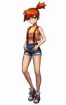  :o blue_eyes blue_shorts breasts contrapposto crop_top crop_top_overhang denim denim_shorts highres jungon_kim kasumi_(pokemon) looking_to_the_side medium_breasts midriff navel orange_hair pokemon pokemon_(anime) pokemon_(classic_anime) pokemon_(game) ponytail shiny shiny_hair shiny_skin shoes shorts side_ponytail simple_background sneakers solo standing standing_on_one_leg stomach suspenders thumbs_in_pockets white_background yellow_crop_top 