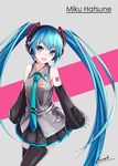  absurdres aqua_eyes aqua_hair bee_doushi blush character_name detached_sleeves fang hatsune_miku headset highres long_hair necktie open_mouth skirt smile solo thighhighs twintails very_long_hair vocaloid 