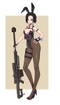  1girl absurdres animal_ears anti-materiel_rifle black_hair breasts chest_rig contrapposto covered_navel covered_nipples detached_collar fake_animal_ears fake_tail fingerless_gloves full_body gloves gun hand_on_own_hip handgun harness headset high_heels highleg highleg_leotard highres holding holding_gun holding_weapon holster leotard looking_at_viewer medium_breasts mole mole_under_eye necktie original pantyhose playboy_bunny purple_eyes rabbit_ears rabbit_tail red_necktie rifle scope short_hair sniper_rifle solo standing strapless strapless_leotard tactical_playboy_bunny tail tanke_laide thigh_holster two-tone_background weapon weapon_request wrist_cuffs 