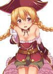  blonde_hair braid breasts frills gloves hat long_hair looking_at_viewer maurette_(sennen_sensou_aigis) open_mouth pirate_hat rasahan red_hat sennen_sensou_aigis small_breasts solo twin_braids twintails white_gloves 