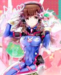  :3 :d animal_print bangs blue_bodysuit bodysuit breasts brown_eyes brown_hair bunny_print character_name cuffs d.va_(overwatch) english facepaint facial_mark gloves glowing hand_on_headphones headphones heart heco_(mama) high_collar highres holding large_breasts long_hair looking_at_viewer mecha medium_breasts meka_(overwatch) model open_mouth overwatch pilot_suit polka_dot red_background ribbed_bodysuit shiny shiny_clothes shoulder_pads signature skin_tight smile solo striped swept_bangs teeth tongue upper_body whisker_markings white_gloves yellow_eyes 