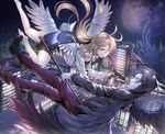  1girl angel_wings black_hair black_vs_white blonde_hair blue_eyes cityscape flying gun handgun holding holding_gun holding_weapon isaac_foster long_hair md5_mismatch ozzingo pantyhose pistol rachel_gardner satsuriku_no_tenshi short_hair weapon white_legwear wings 