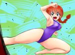  absurdres barefoot blue_eyes braid commentary_request competition_swimsuit genderswap genderswap_(mtf) green_background highleg highleg_swimsuit highres kicking nanao_futaba one-piece_swimsuit open_mouth purple_swimsuit ranma-chan ranma_1/2 red_hair saotome_ranma single_braid solo swimsuit 