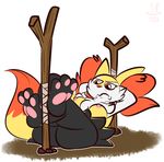  1-upclock anthro bdsm bondage bound braixen breasts canine feet female foot_fetish fox fur inner_ear_fluff mammal nintendo paws pok&eacute;mon simple_background solo tiedtoes toes video_games white_fur yellow_fur 