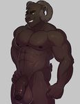  2017 abs anthro balls biceps black_balls black_fur black_penis caprine fur goat hand_on_hip horn knuxlight male mammal muscular muscular_male navel nude pecs penis smile solo teeth 