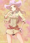  bare_legs belt bracelet breasts brown_eyes cleavage closed_mouth commentary_request cowboy_hat cowboy_shot hamakawa_ayuna hand_on_hip hat idolmaster idolmaster_cinderella_girls jewelry legs_apart long_hair medium_breasts necklace numahito pink_hair solo standing 