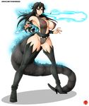  1girl black_hair breasts cosplay dinosaur energy genderswap genderswap_(mtf) glowing godzilla godzilla_(series) humanization kaijuu large_breasts monster monster_girl pussy red_eyes revealing_clothes sagging_breasts see-through sling_bikini tail toho_(film_company) witchking00 