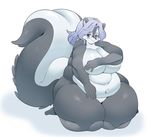  artist_request blue_eyes breasts_covering furry glasses long_hair nude plump purple_hair skunk 