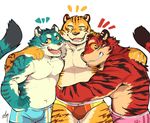  5_fingers anthro blue_fur boxers_(clothing) briefs clothing embrace feline fur ginnosuke grin group hug male mammal open_mouth orange_sclera red_fur smile standing tan_fur tiger underwear yellow_fur yellow_sclera 