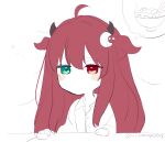  1girl absurdres ahoge blush bowl chopsticks closed_mouth collared_shirt computer_mouse crescent crescent_hair_ornament demon_horns dress_shirt food green_eyes hair_between_eyes hair_ornament heterochromia highres horns long_hair nijisanji ninahachi red_eyes red_hair shirt simple_background solo spoken_food steam twitter_username two_side_up upper_body very_long_hair virtual_youtuber white_background yuzuki_roa 