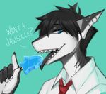  anthro clothed clothing ehbear english_text fish food hair looking_at_viewer male marine popsicle riptide shark smile solo text tongue tongue_out 