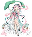  1girl absurdres aqua_dress blue_eyes blue_footwear blush bow chinese_clothes choker dress flower frilled_dress frilled_gloves frills full_body gloves hand_in_own_hair hands_up highres holding holding_leaf holding_umbrella jinan_(warship_girls_r) leaf leaf_umbrella leg_up long_dress looking_up lotus lotus_leaf multicolored_clothes multicolored_dress official_alternate_costume open_mouth pink_bow pink_hair pink_lips pink_pupils qixiong_ruqun red_choker short_hair simple_background sketch smile socks solo umbrella warship_girls_r water_drop white_background white_dress white_gloves white_socks xiangchizhubijin 