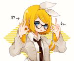  :o arms_up artist_name bespectacled black-framed_eyewear black_neckwear blonde_hair blue_eyes blue_nails bow cardigan collared_shirt double_ok_sign fingernails glasses grey_sweater hair_bow hair_ornament hairband hairclip hairpin kagamine_rin long_hair looking_at_viewer multiple_hairpins nail_polish necktie ok_sign open_cardigan open_clothes open_mouth shirt short_hair signature simple_background solo sweater tsubaki_tsubaru twitter_username upper_body vocaloid white_background white_bow white_hairband white_shirt wing_collar 