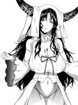  bare_shoulders breasts cleavage closed_mouth collarbone commentary_request covered_nipples cowboy_shot detached_sleeves facial_mark fate/extra fate/extra_ccc fate_(series) forehead_mark fuantei greyscale horns large_breasts long_hair long_sleeves looking_at_viewer micro_panties monochrome navel panties sesshouin_kiara sidelocks smile solo stomach underwear veil wide_sleeves 