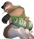  2019 anthro belly black_nose blue_eyes blush brown_fur butt clothing fur humanoid_hands m_ikky male mammal overweight overweight_male prandarr simple_background smoking solo teeth underwear ursid white_background 