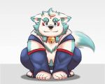  2019 agyou animated anthro aotoaka belly black_nose japanese_text komainu male simple_background solo text tokyo_afterschool_summoners video_games 