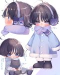  1boy aged_down alternate_costume animal animal_earmuffs black_cat black_footwear black_hair blue_coat blue_sleeves blunt_ends blush boots cat child closed_mouth coat earmuffs eyelashes eyeliner eyeshadow fur-trimmed_boots fur-trimmed_coat fur-trimmed_sleeves fur_trim furrowed_brow genshin_impact highres holding holding_animal holding_cat long_sleeves looking_at_animal loose_hair_strand ma_d_k_89 makeup messy_hair multiple_views open_mouth paw_print paw_socks purple_eyes purple_scarf red_eyeliner red_eyeshadow scaramouche_(cat)_(genshin_impact) scaramouche_(genshin_impact) scarf sitting solo spread_legs v-shaped_eyebrows white_background winter_clothes winter_coat 