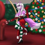 1:1 absurd_res anthro big_breasts black_lips breasts candy candy_cane canid canine canis christmas christmas_decorations christmas_tree clothing costume dessert female food footwear fur gesture grin hair hexecat hi_res high_heels holidays legwear lips makeup mammal pattern_clothing pattern_legwear pattern_stockings pink_body pink_fur plant shoes smile solo stockings striped_clothing striped_legwear striped_stockings stripes tail tree waving waving_at_viewer white_hair wolf yuni_hermit