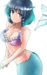  alternate_costume bare_arms bare_shoulders bikini bikini_top blue_eyes blue_hair breasts cleavage closed_mouth collarbone commentary_request head_fins highres looking_at_viewer medium_breasts mermaid monster_girl purple_bikini_top ringlets shell short_hair solo stomach swimsuit touhou wakasagihime y2 