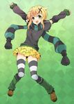  :d akatsuki_kirika arm_warmers bangs black_shirt blonde_hair brown_footwear buckle checkered checkered_background commentary_request eyebrows_visible_through_hair full_body green_background green_eyes hair_ornament jewelry jumping layered_skirt legs_apart necklace open_mouth pendant plum_(arch) scarf senki_zesshou_symphogear shirt shoes short_hair short_sleeves skirt smile solo star striped striped_legwear striped_scarf symphogear_pendant tareme thighhighs x_hair_ornament yellow_skirt zettai_ryouiki 