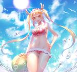  bad_id bad_pixiv_id ball beachball bird blush breasts cleavage day fang holding holding_ball horns kobayashi-san_chi_no_maidragon large_breasts long_hair looking_at_viewer navel open_mouth orange_hair ozzingo red_eyes seagull slit_pupils smile sun tooru_(maidragon) twintails water 
