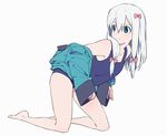  bangs bare_legs barefoot blue_eyes blue_swimsuit blush bow closed_mouth collarbone commentary_request eromanga_sensei eyebrows_visible_through_hair grey_background hair_between_eyes hair_bow izumi_sagiri jacket kneeling long_hair looking_back one-piece_swimsuit open_clothes open_jacket pink_bow school_swimsuit simple_background sleeves_past_wrists sohin solo swimsuit swimsuit_under_clothes thighs white_hair 