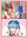  2girls 2koma ascot bangs bare_shoulders blue_bow blue_eyes blue_hair blue_vest blunt_bangs bow brown_eyes brown_hair collared_shirt comic commentary day detached_sleeves dress_shirt english fingernails frilled_bow frilled_hair_tubes frills hair_bow hair_tubes hakurei_reimu hands_on_another&#039;s_cheeks hands_on_another&#039;s_face hands_on_own_cheeks hands_on_own_face highres indoors long_fingernails long_hair long_sleeves looking_at_another looking_at_viewer looking_down meme multiple_girls open_mouth puffy_short_sleeves puffy_sleeves red_bow red_eyes ribbon-trimmed_sleeves ribbon_trim sad sarashi shirt short_hair short_sleeves sidelocks sleeveless sleeveless_shirt tearing_up tears touhou upper_teeth veranda vest wide_sleeves wing_collar yoruny 