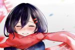  1girl absurdres aishlwt black_hair blush commentary_request crying facing_viewer grin hair_ornament hairclip highres kagerou_project portrait scarf smile solo tateyama_ayano tears 