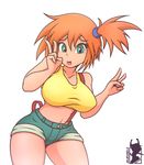  bangs bare_arms bare_shoulders blue_shorts breasts collarbone contrapposto cowboy_shot crop_top denim denim_shorts double_v eyebrows_visible_through_hair green_eyes hair_between_eyes hair_ornament hair_scrunchie hands_up highres kasumi_(pokemon) large_breasts looking_at_viewer maishida midna midriff navel open_mouth orange_hair pokemon pokemon_(anime) scrunchie shirt short_hair short_ponytail short_shorts shorts side_ponytail signature simple_background solo standing suspenders suspenders_slip taut_clothes taut_shirt thick_thighs thighs v white_background white_shirt 