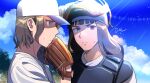  2boys baseball_cap baseball_helmet baseball_mitt baseball_uniform blonde_hair blue_eyes blue_skirt brown_eyes brown_hair catcher's_mask catcher_(baseball) chest_protector cloud dolustoy hat helmet highres inazuma_eleven_(series) inazuma_eleven_ares_no_tenbin long_hair male_focus mansaku_yuuichirou michinari_tatsumi multiple_boys shirt skirt sportswear sweat white_shirt 