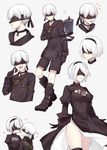  1girl black_dress black_hairband blindfold blush boots breasts choker couple covered_eyes dress feather-trimmed_sleeves flywinga7 gloves hairband heart juliet_sleeves leotard long_sleeves medium_breasts mole mole_under_mouth nier_(series) nier_automata open_mouth pod_(nier_automata) puffy_sleeves robot short_hair silver_hair smile thigh_boots thighhighs thighhighs_under_boots white_leotard yorha_no._2_type_b yorha_no._9_type_s 