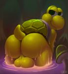  balls big_balls big_butt broken_shell butt dripping ikiki koopa_troopa looking_back male mushroom partially_submerged purple_liquid reptile scales scalie semi-anthro shell short_tail solo thick_thighs turtle wet yellow_scales 