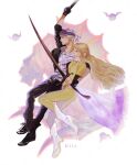  1boy 1girl arm_up artist_name black_jacket black_pants blonde_hair boots celes_chere commentary_request cropped_jacket final_fantasy final_fantasy_vi from_side full_body gloves grey_hair hand_on_another&#039;s_hip headscarf high_heel_boots high_heels highres holding holding_sword holding_weapon jacket locke_cole long_hair long_sleeves open_clothes open_jacket pants profile shirt short_hair sword tori_(labyrinth_fft) weapon white_footwear white_shirt yellow_jacket yellow_pants 