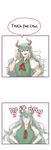  1girl 2koma :d ^_^ blush breasts comic curvy english ex-keine eyes_closed green_hair hands_on_hips highres horns index_finger_raised kamishirasawa_keine large_breasts lipstick long_hair makeup open_mouth red_eyes smile solo touhou very_long_hair wavy_hair yoruny 