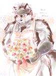  2017 anthro canine clothed clothing fur haruki headband horkeukamui male mammal multicolored_fur muscular muscular_male nipples pecs simple_background solo tokyo_afterschool_summoners white_fur wolf 
