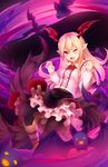  ;d bat bat_wings black_legwear black_skirt blonde_hair blush breasts claw_pose fangs flower frilled_skirt frills granblue_fantasy head_wings highres kotori_photobomb long_hair long_sleeves looking_at_viewer one_eye_closed open_mouth pointy_ears red_eyes red_flower red_rose ricegnat rose shingeki_no_bahamut shirt skirt small_breasts smile solo thighhighs vampire vampy white_shirt wings 