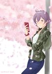 ahoge alternate_costume backpack bag blue_pants blush camouflage_jacket casual cellphone cherry_blossoms commentary_request dated hazuki_futahi kantai_collection leaning_on_object looking_at_viewer outdoors pants phone pole purple_eyes purple_hair sakawa_(kantai_collection) scrunchie short_hair smartphone solo twitter_username wrist_scrunchie 