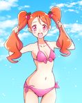  :d bikini bikini_bottom bikini_top blue_background blush breasts day eyelashes gradient gradient_background hair_ornament happy highres kaatsukun kirakira_precure_a_la_mode long_hair looking_at_viewer navel open_mouth pink_eyes precure sky small_breasts smile solo standing swimsuit twintails usami_ichika 