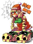  angry arms_(game) bangs beanie blonde_hair blush chinese_clothes dragon dragon_(arms) facepaint food green_eyes hat highres kiwa_(pokemonwars) mask min_min_(arms) noodles open_mouth short_hair solo translation_request 