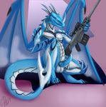  2017 animal_genitalia animal_penis anthro balls blue_body blue_eyes claws crouching digital_media_(artwork) dragon erection evil_grin gun horn knot male membranous_wings nose_horn nude penis phinja plated_scales precum ranged_weapon rifle scales scalie scope simple_background smile sniper_rifle solo spiked_tail spikes weapon wings 