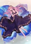  bare_shoulders barefoot breasts dress flower head_wreath long_hair lying ojyou on_back original pink_hair purple_dress small_breasts solo yellow_eyes 