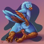  2017 animal_genitalia animal_penis anthro anus avian beak bird blue_feathers butt claws digital_media_(artwork) erection feathers green_eyes hi_res kneeling knot looking_at_viewer looking_back male nude open_mouth orange_feathers penis phinja precum presenting presenting_hindquarters raised_tail rear_view saliva simple_background smile solo talons tongue 