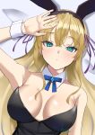  1girl animal_ears black_leotard blonde_hair braid breasts commentary_request detached_collar fake_animal_ears green_eyes half_up_braid heaven_burns_red large_breasts leotard long_hair negino_yurine playboy_bunny purple_ribbon rabbit_ears ribbon solo strapless strapless_leotard toujou_tsukasa wrist_cuffs 